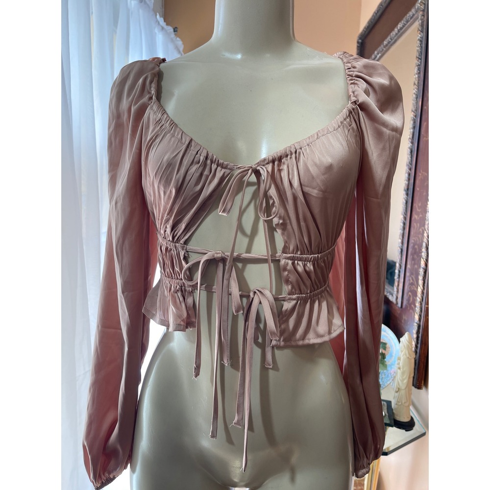 Mixed Threads LA Dusty Rose Satin Tie Front Cutout Crop Top Long Sleeve XS